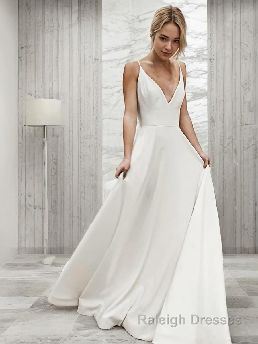 A Line V Neck Sweep Train Charmeuse Wedding Dresses