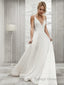 A Line V Neck Sweep Train Charmeuse Wedding Dresses