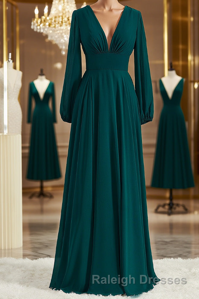 A Line V Neck Sweep Train Chiffon Bridesmaid Dress