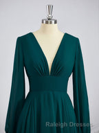 A Line V Neck Sweep Train Chiffon Bridesmaid Dress