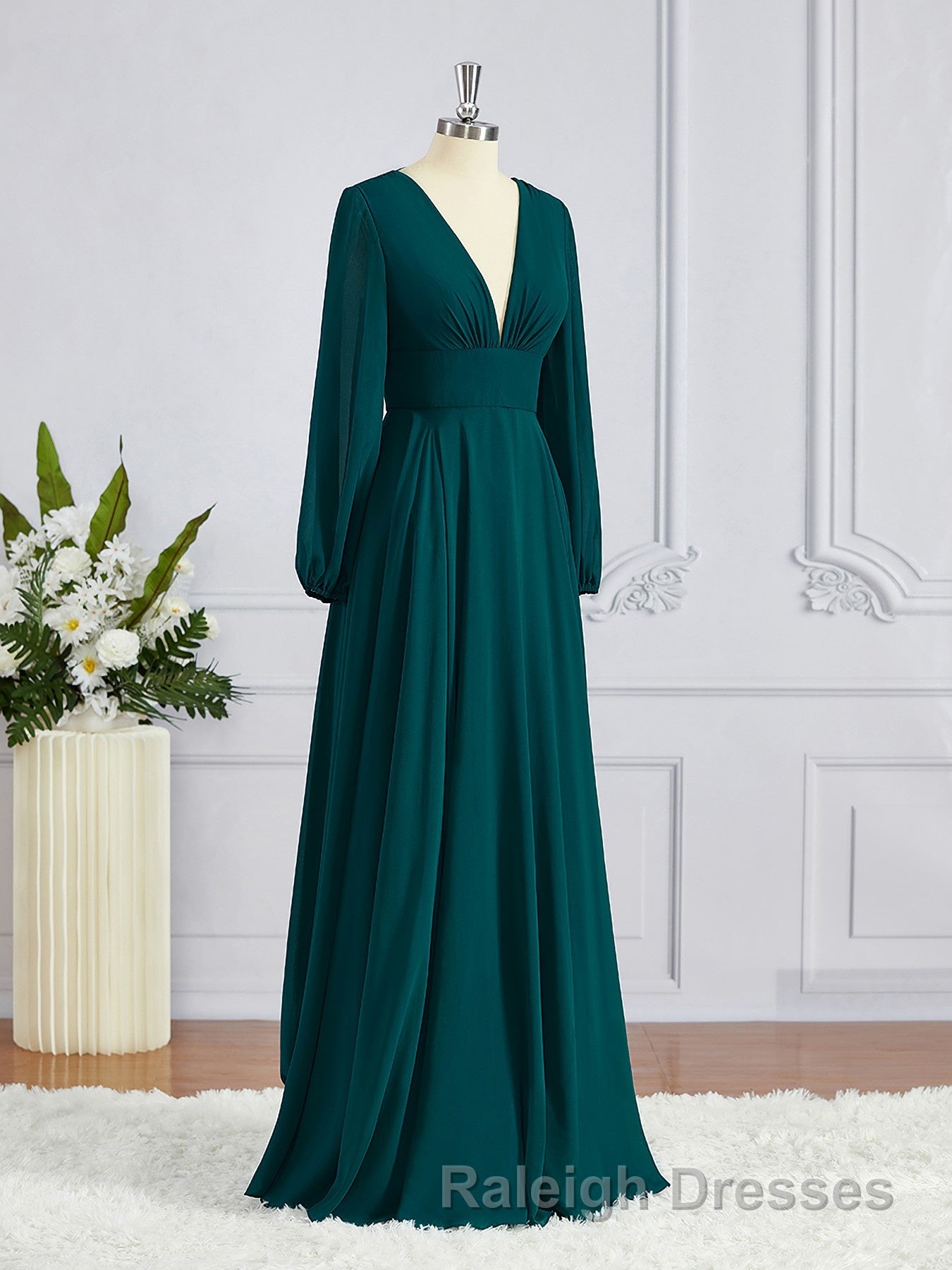 A Line V Neck Sweep Train Chiffon Bridesmaid Dress
