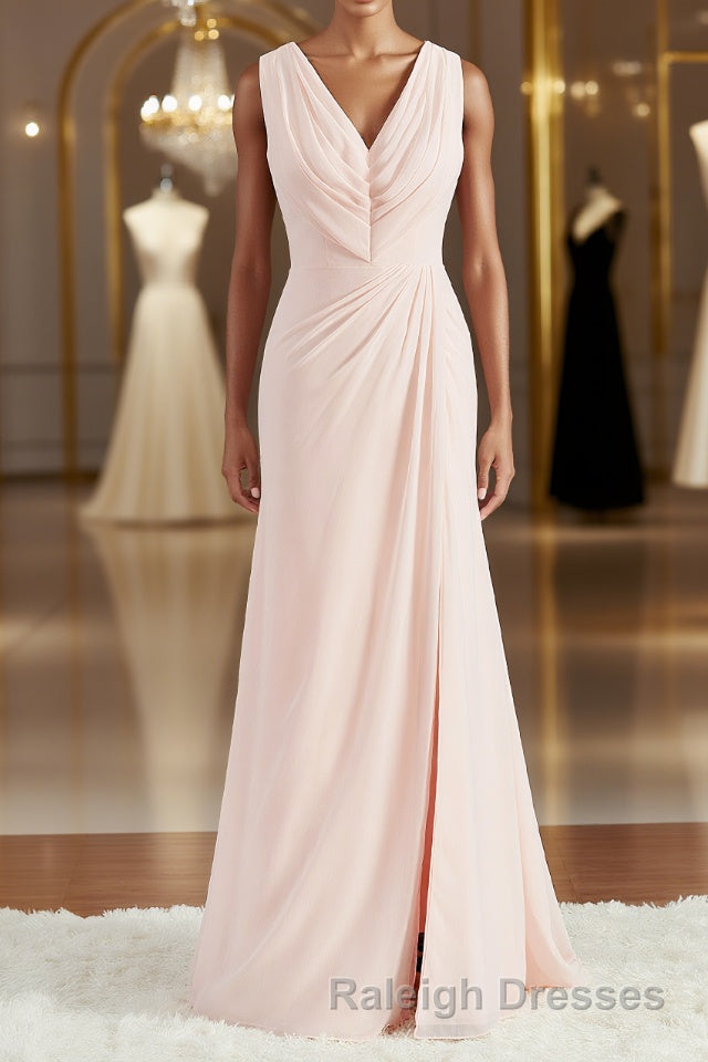 A Line V Neck Sweep Train Chiffon Bridesmaid Dress Main image