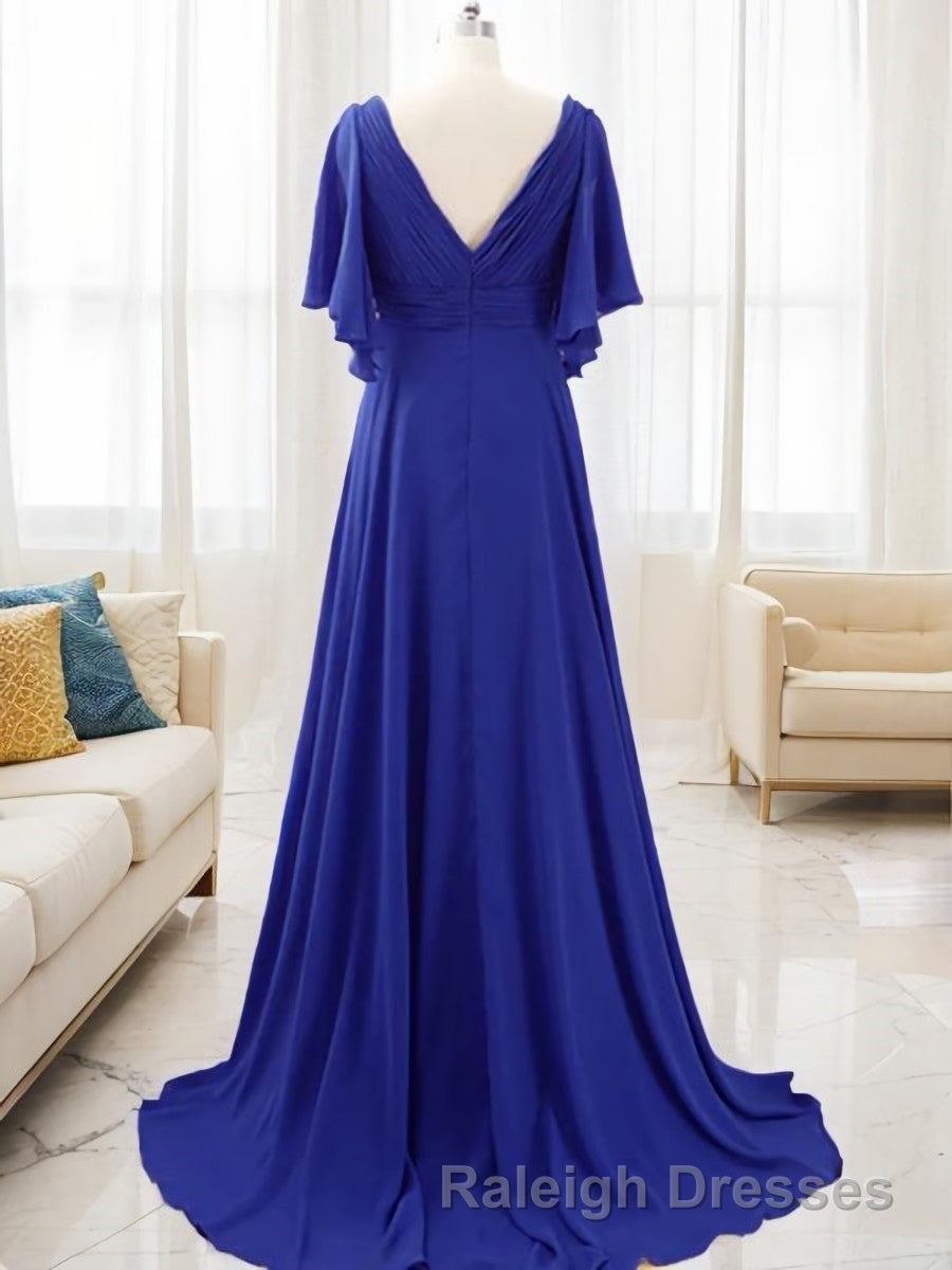 A Line V Neck Sweep Train Chiffon Mother of the Bride Dress With Beading