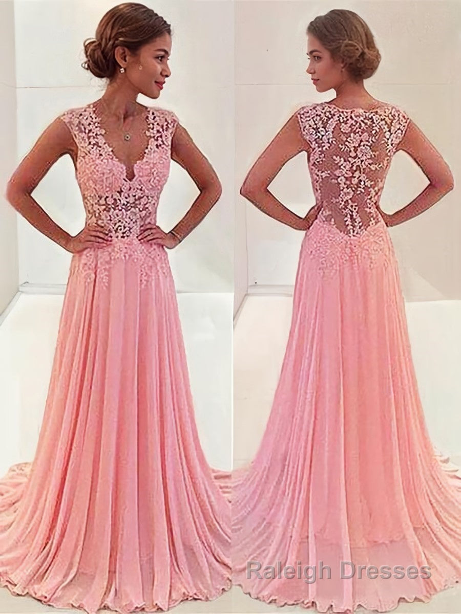 A Line V Neck Sweep Train Chiffon Prom Dresses With Appliques Lace Main image