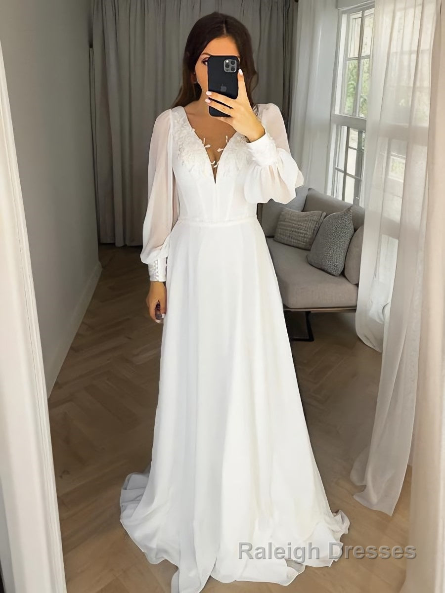 A-Line/Princess V-neck Sweep Train Chiffon Wedding Dresses Main image