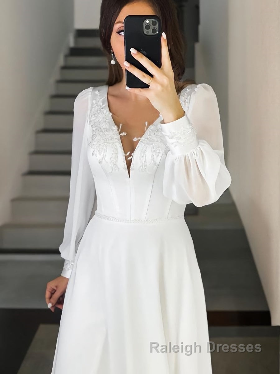 A Line V Neck Sweep Train Chiffon Wedding Dresses Secondary image