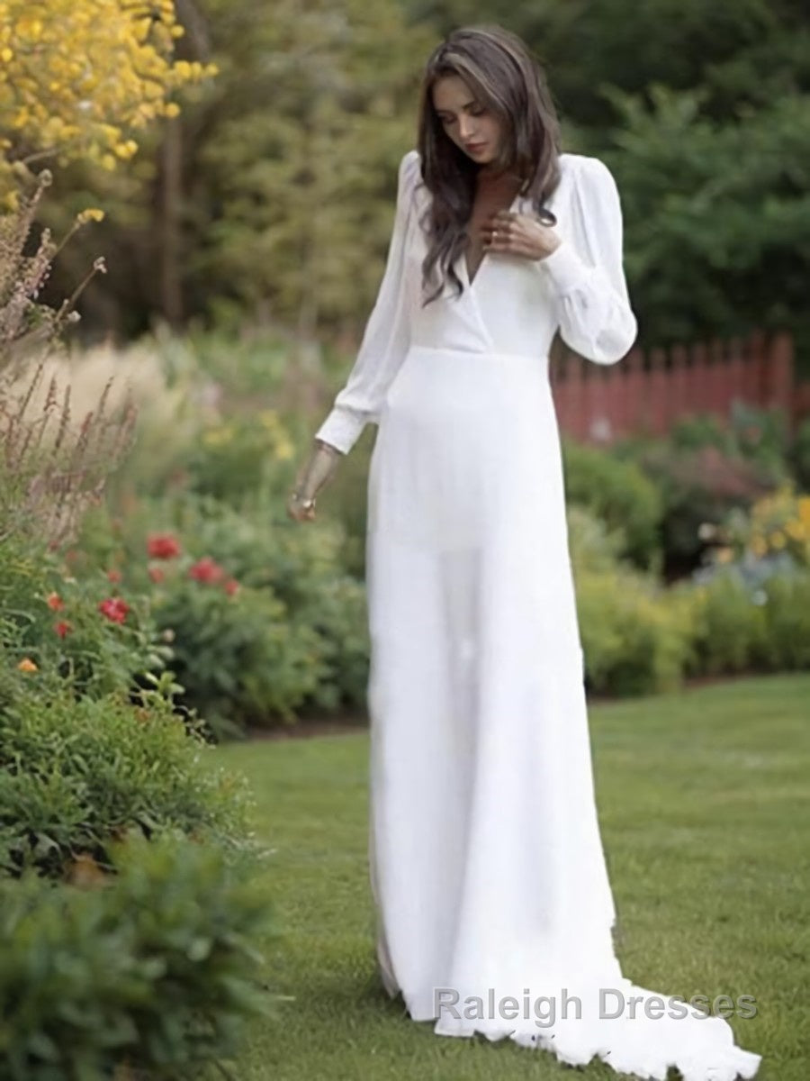 A Line V Neck Sweep Train Chiffon Wedding Dresses