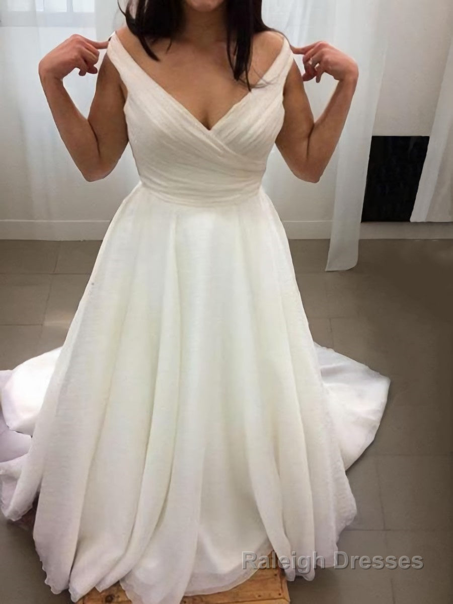 A Line V Neck Sweep Train Chiffon Wedding Dresses Main image