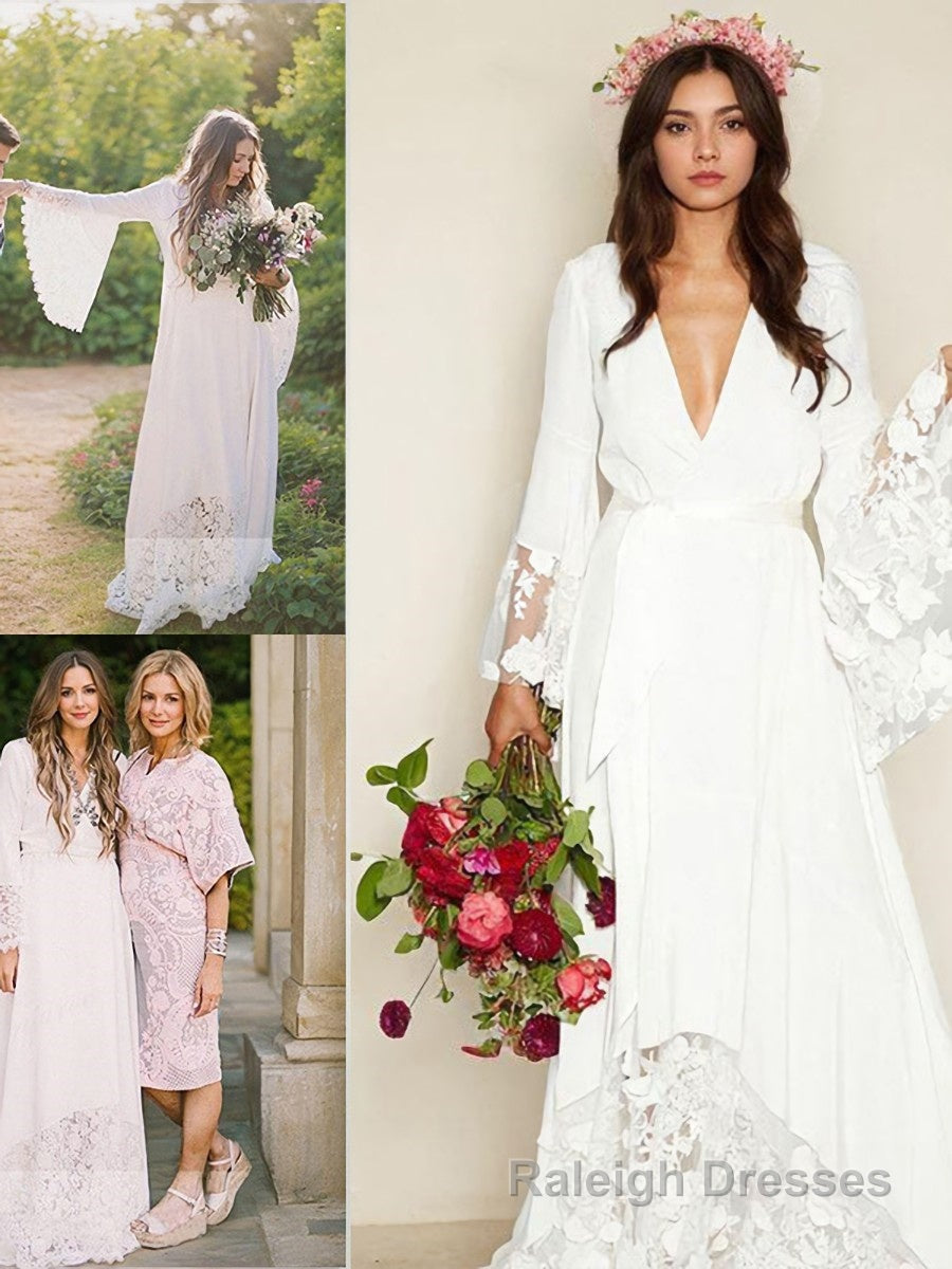 A Line V Neck Sweep Train Chiffon Wedding Dresses With Belt/Sash Main image