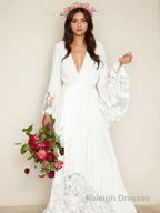 A Line V Neck Sweep Train Chiffon Wedding Dresses With Belt/Sash