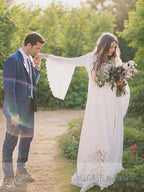 A Line V Neck Sweep Train Chiffon Wedding Dresses With Belt/Sash