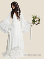 A Line V Neck Sweep Train Chiffon Wedding Dresses With Belt/Sash