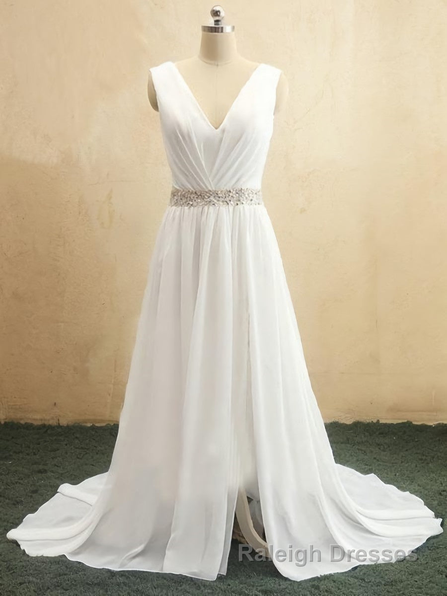 A Line V Neck Sweep Train Chiffon Wedding Dresses With Leg Slit
