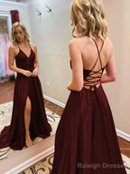 A-Line/Princess V-neck Sweep Train Elastic Woven Satin Evening Dresses With Leg Slit