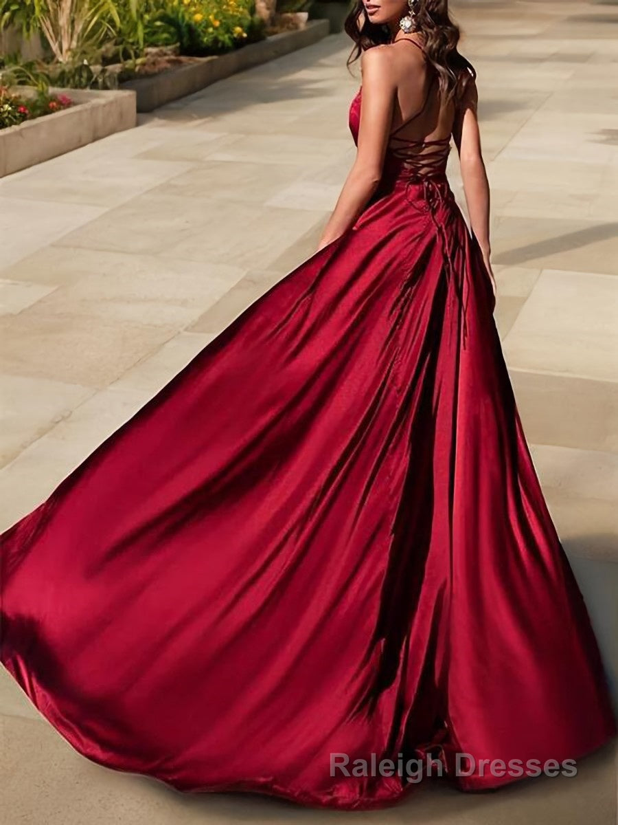 A-Line/Princess V-neck Sweep Train Elastic Woven Satin Evening Dresses With Leg Slit Secondary image