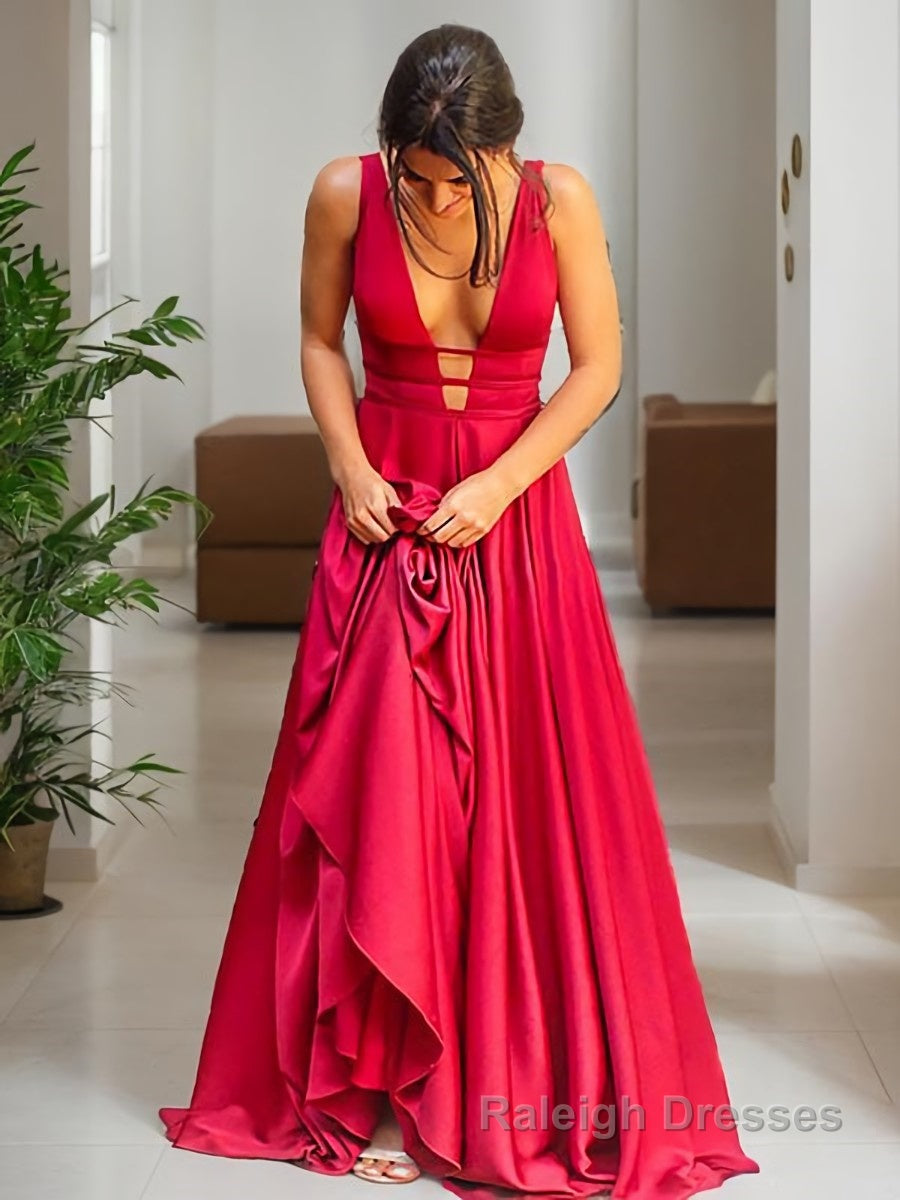 A-Line/Princess V-neck Sweep Train Elastic Woven Satin Evening Dresses With Ruffles Main image