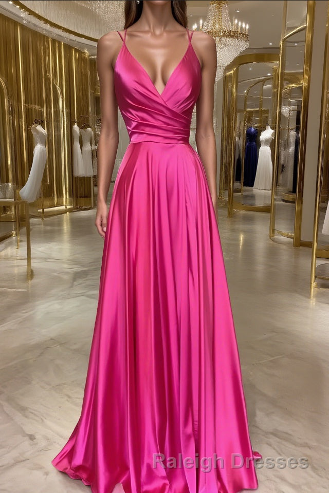 A-Line/Princess V-neck Sweep Train Elastic Woven Satin Prom Dresses