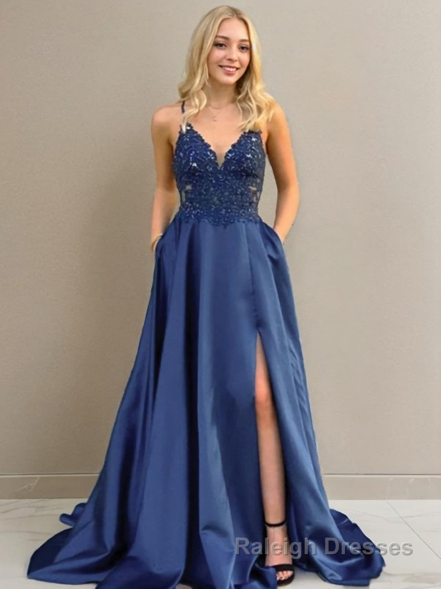 A-Line/Princess V-neck Sweep Train Elastic Woven Satin Prom Dresses With Leg Slit Main image