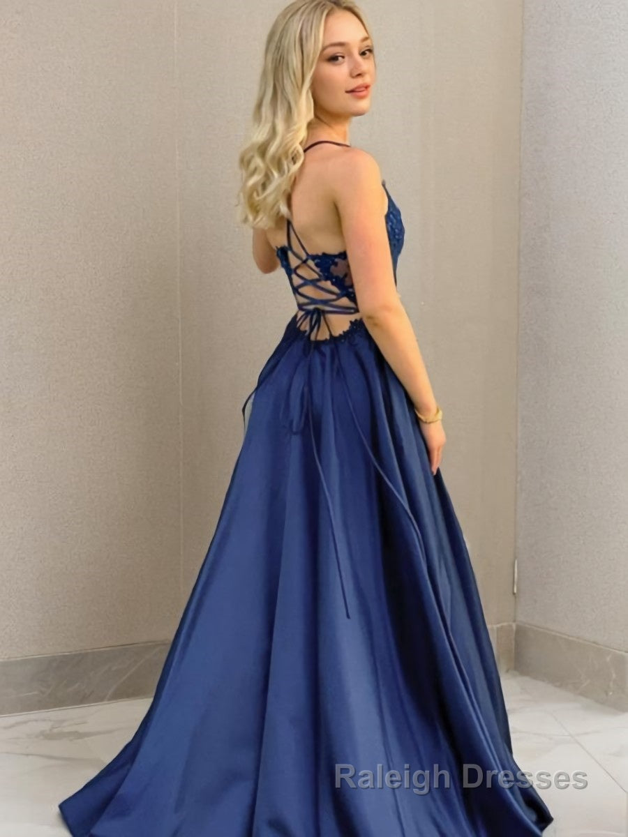 A-Line/Princess V-neck Sweep Train Elastic Woven Satin Prom Dresses With Leg Slit Secondary image