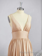 A Line V Neck Sweep Train Jersey Bridesmaid Dress with Leg Slit