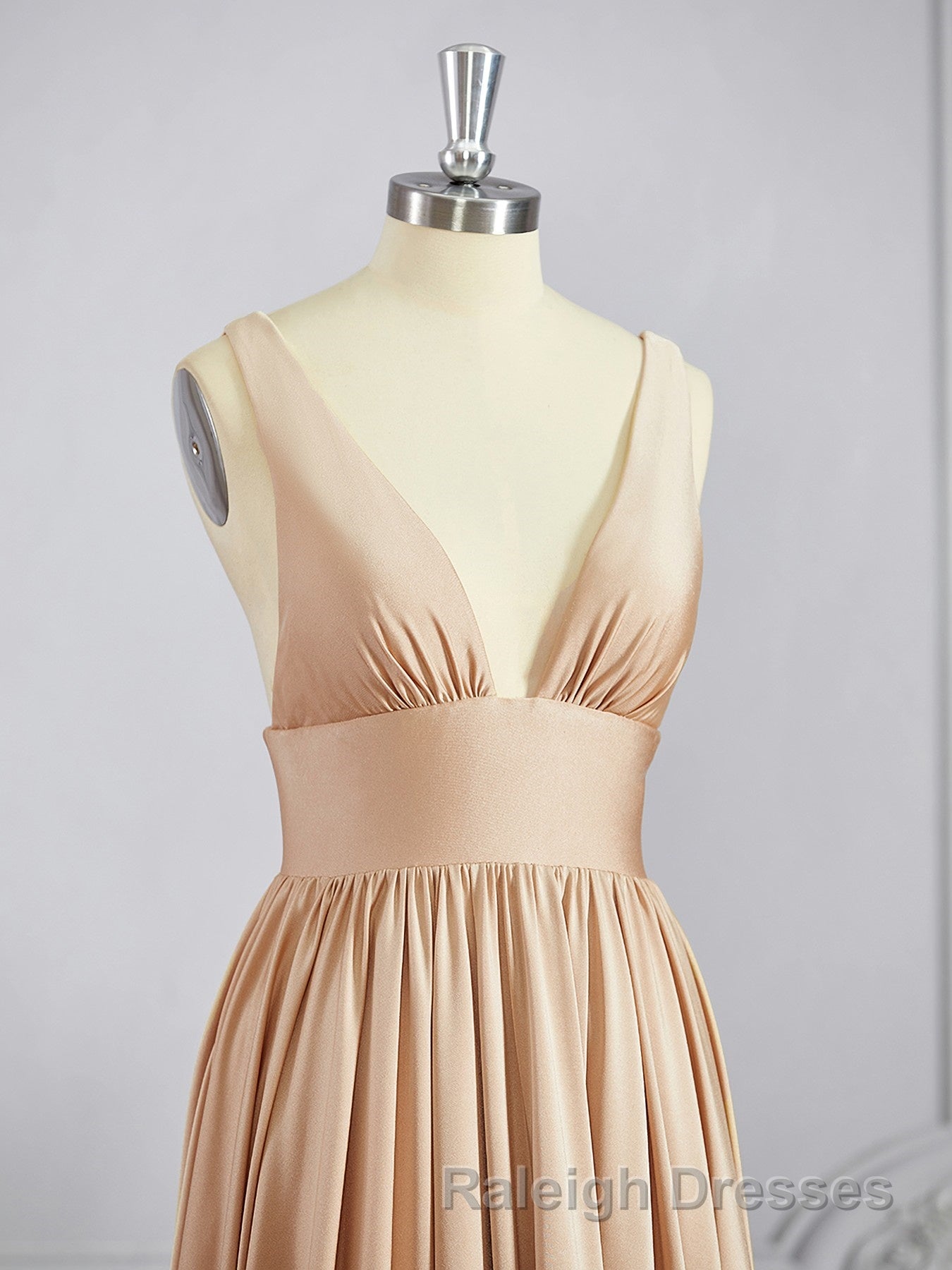 A Line V Neck Sweep Train Jersey Bridesmaid Dress with Leg Slit