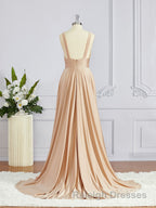 A Line V Neck Sweep Train Jersey Bridesmaid Dress with Leg Slit
