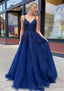 A-line/Princess V Neck Sweep Train Lace Prom Dresses