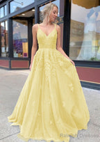 A Line V Neck Sweep Train Lace Prom Dress