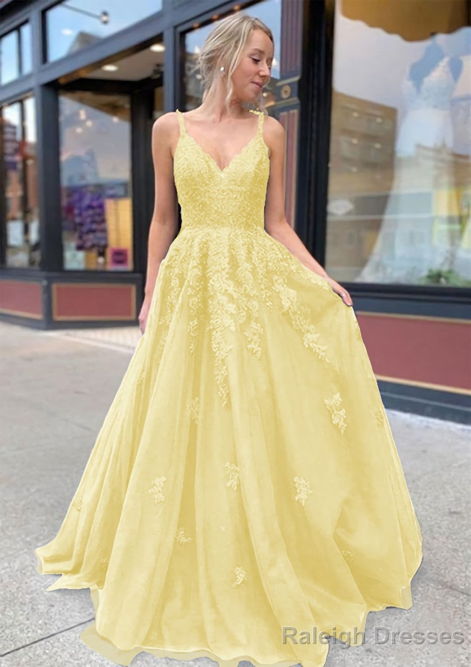 A Line V Neck Sweep Train Lace Prom Dress