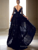 A Line V Neck Sweep Train Lace Prom Dresses With Belt/Sash