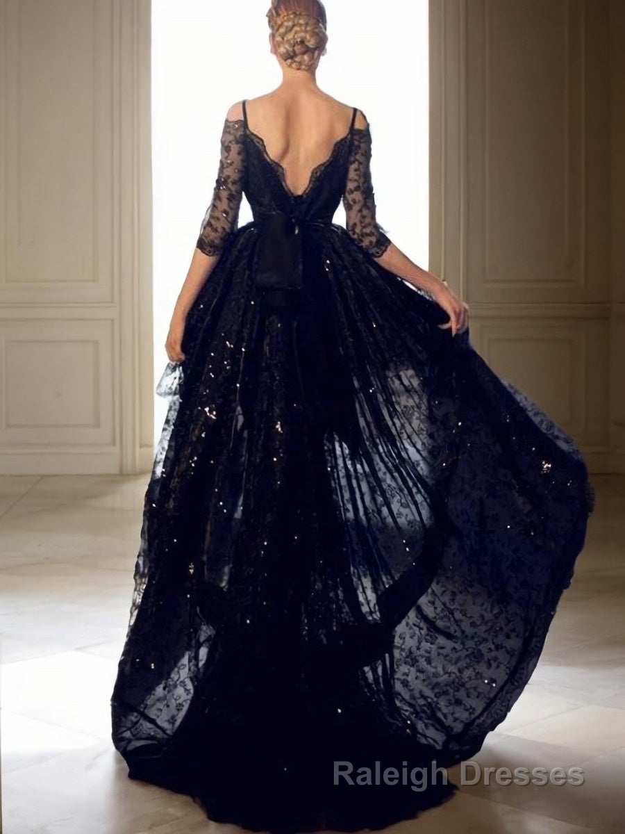 A Line V Neck Sweep Train Lace Prom Dresses With Belt/Sash