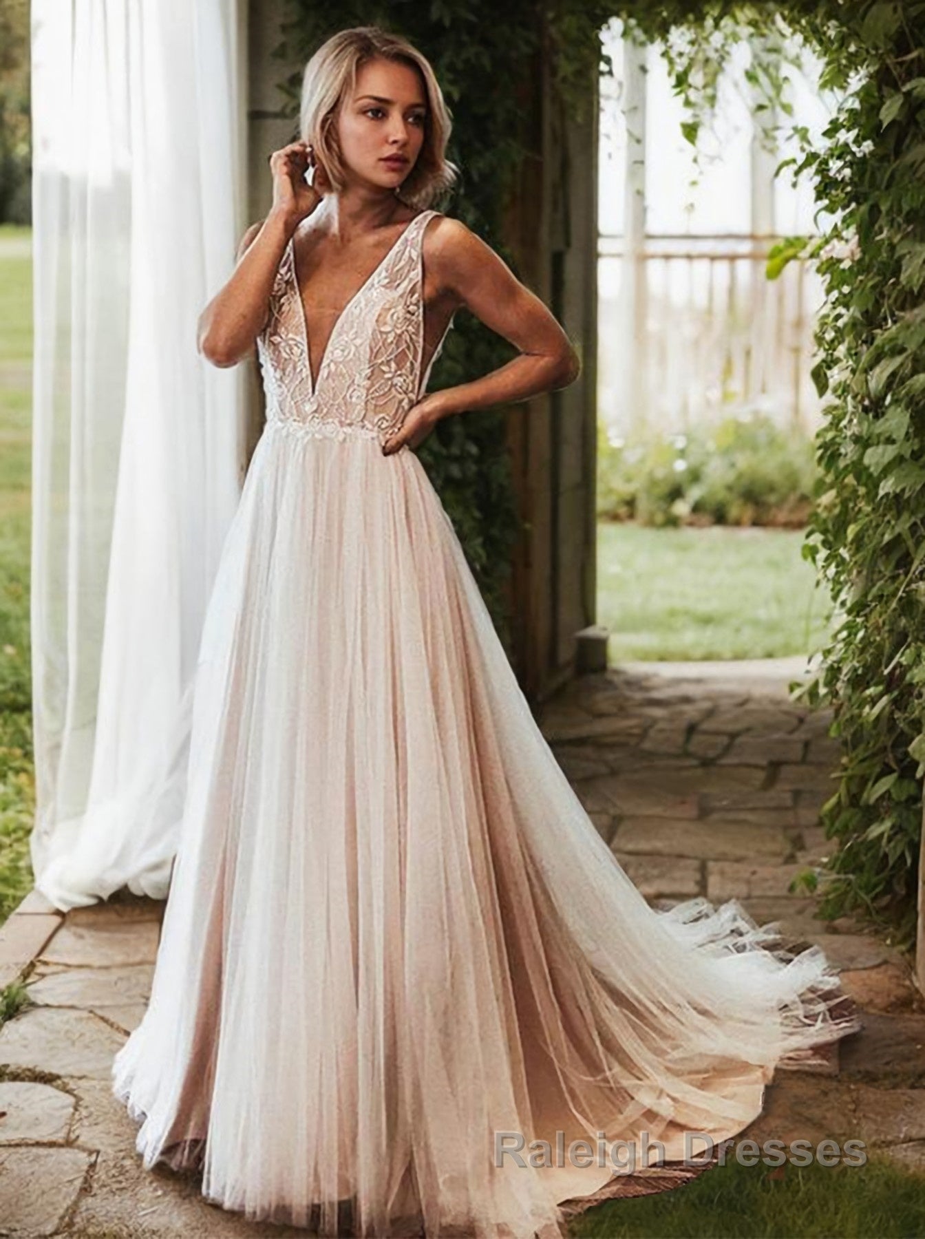 A Line V Neck Sweep Train Lace Wedding Dresses Main image