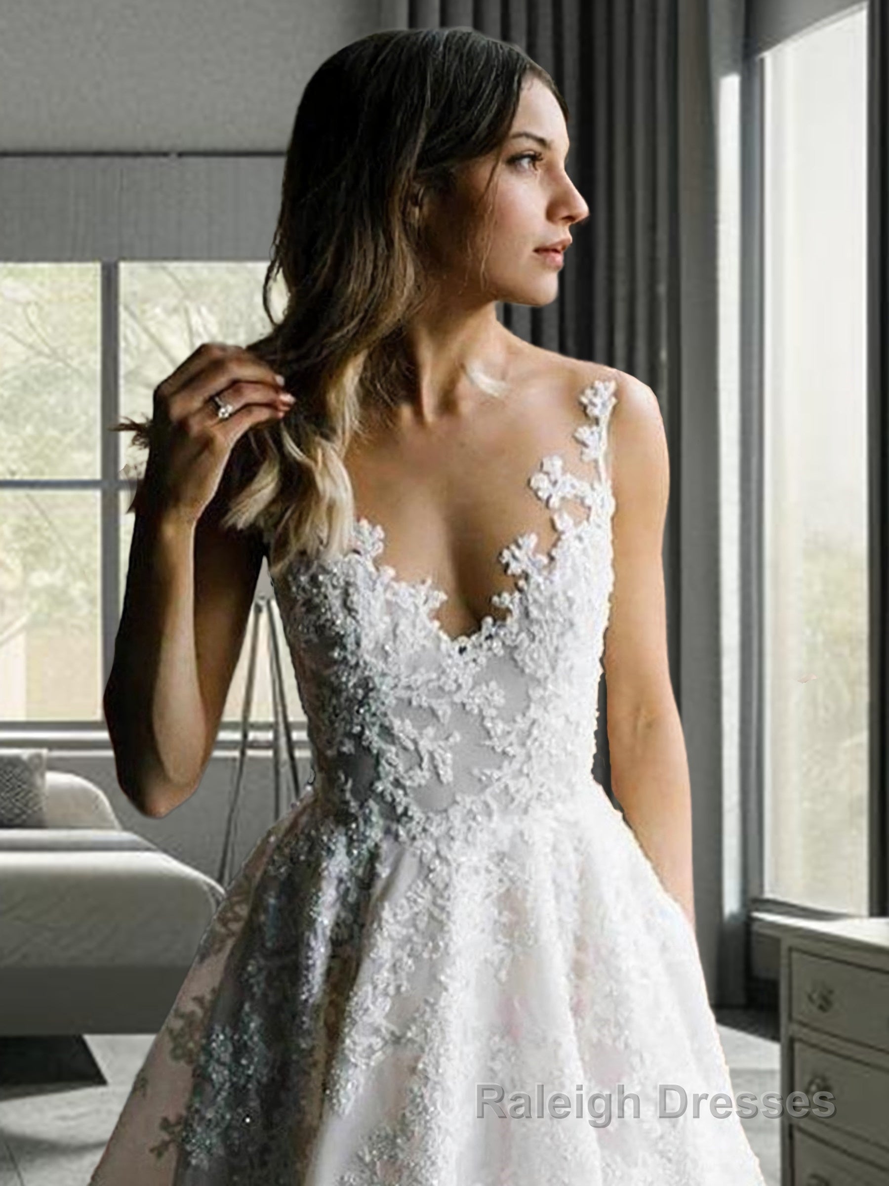 A-Line/Princess V-neck Sweep Train Lace Wedding Dresses With Appliques Lace Secondary image
