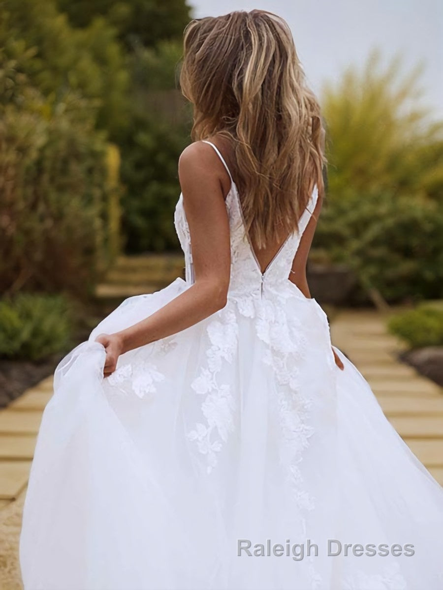 A Line V Neck Sweep Train Lace Wedding Dresses With Appliques Lace