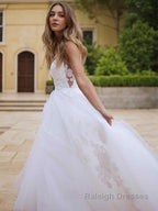 A Line V Neck Sweep Train Lace Wedding Dresses With Appliques Lace