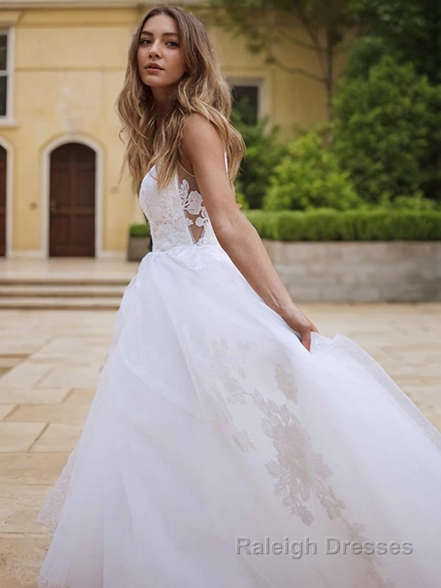 A Line V Neck Sweep Train Lace Wedding Dresses With Appliques Lace