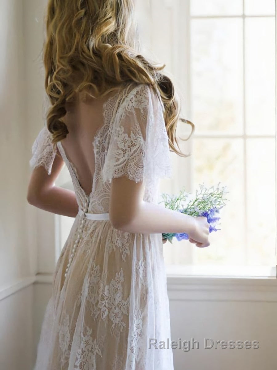 A Line V Neck Sweep Train Lace Wedding Dresses With Appliques Lace Secondary image