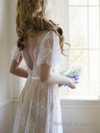 A Line V Neck Sweep Train Lace Wedding Dresses With Appliques Lace