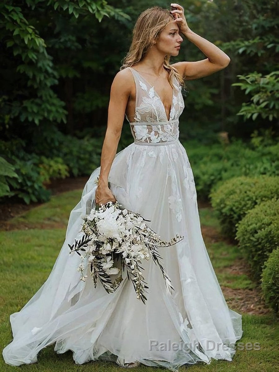 A Line V Neck Sweep Train Lace Wedding Dresses With Belt/Sash