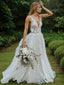A Line V Neck Sweep Train Lace Wedding Dresses With Belt/Sash