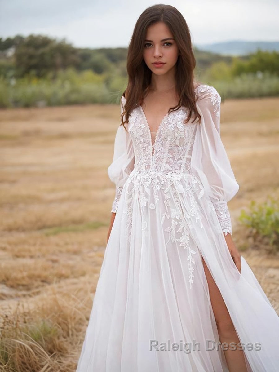 A Line V Neck Sweep Train Lace Wedding Dresses With Leg Slit Main image