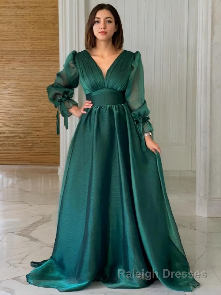A Line V Neck Sweep Train Organza Prom Dresses With Ruffles Secondary image