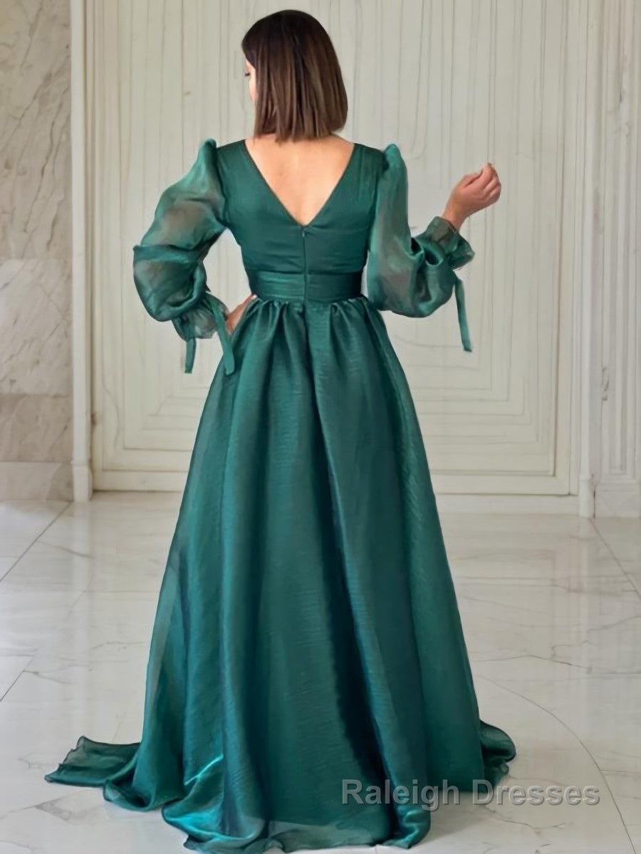 A-Line/Princess V-neck Sweep Train Organza Evening Dresses With Ruffles