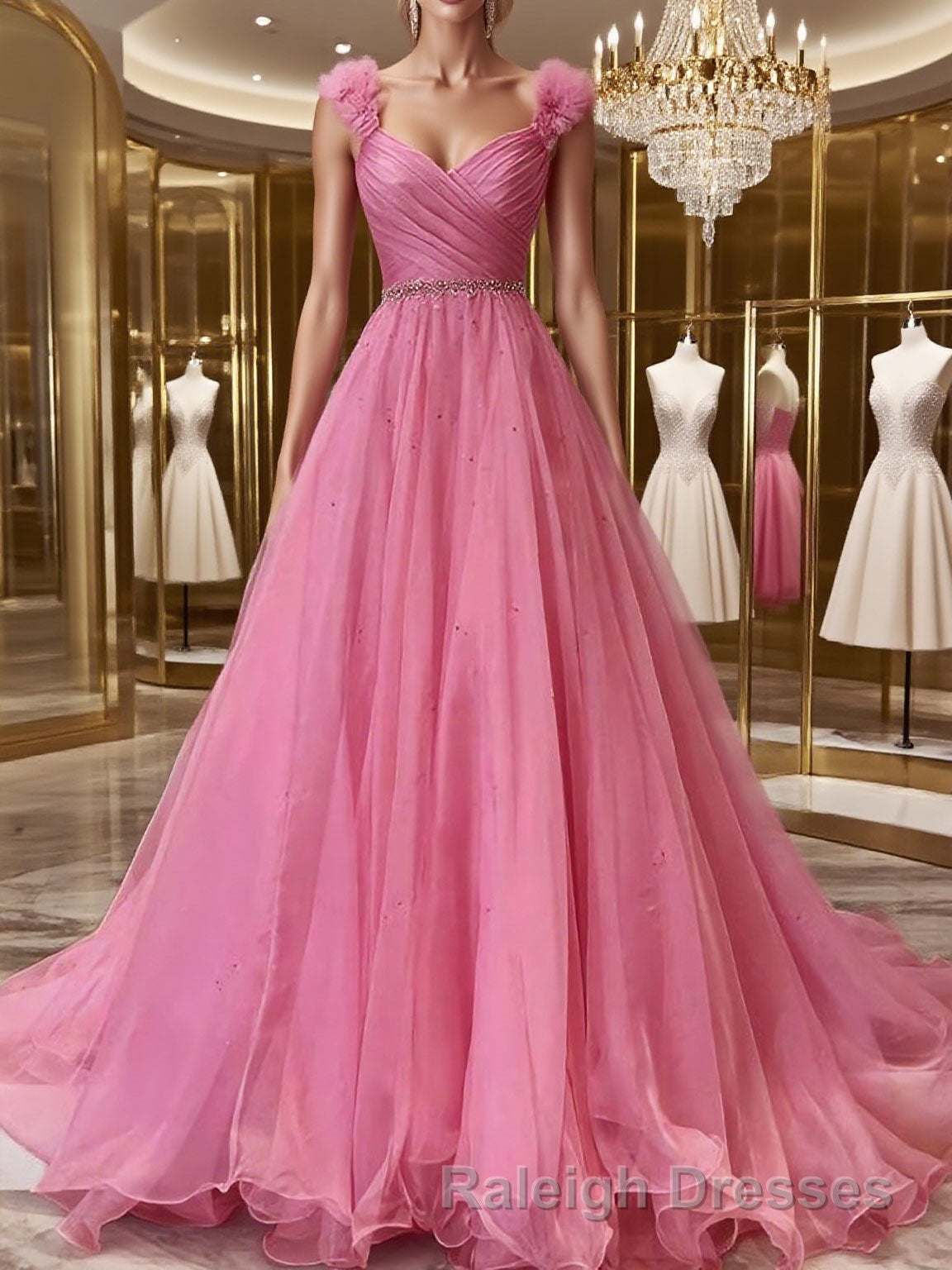 A-Line/Princess V-neck Sweep Train Organza Prom Dresses With Ruffles Main image