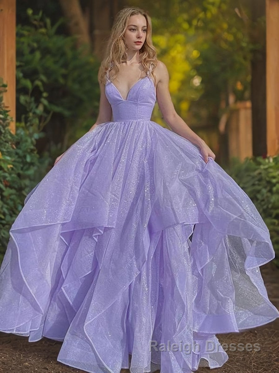 A-Line/Princess V-neck Sweep Train Prom Dresses Main image