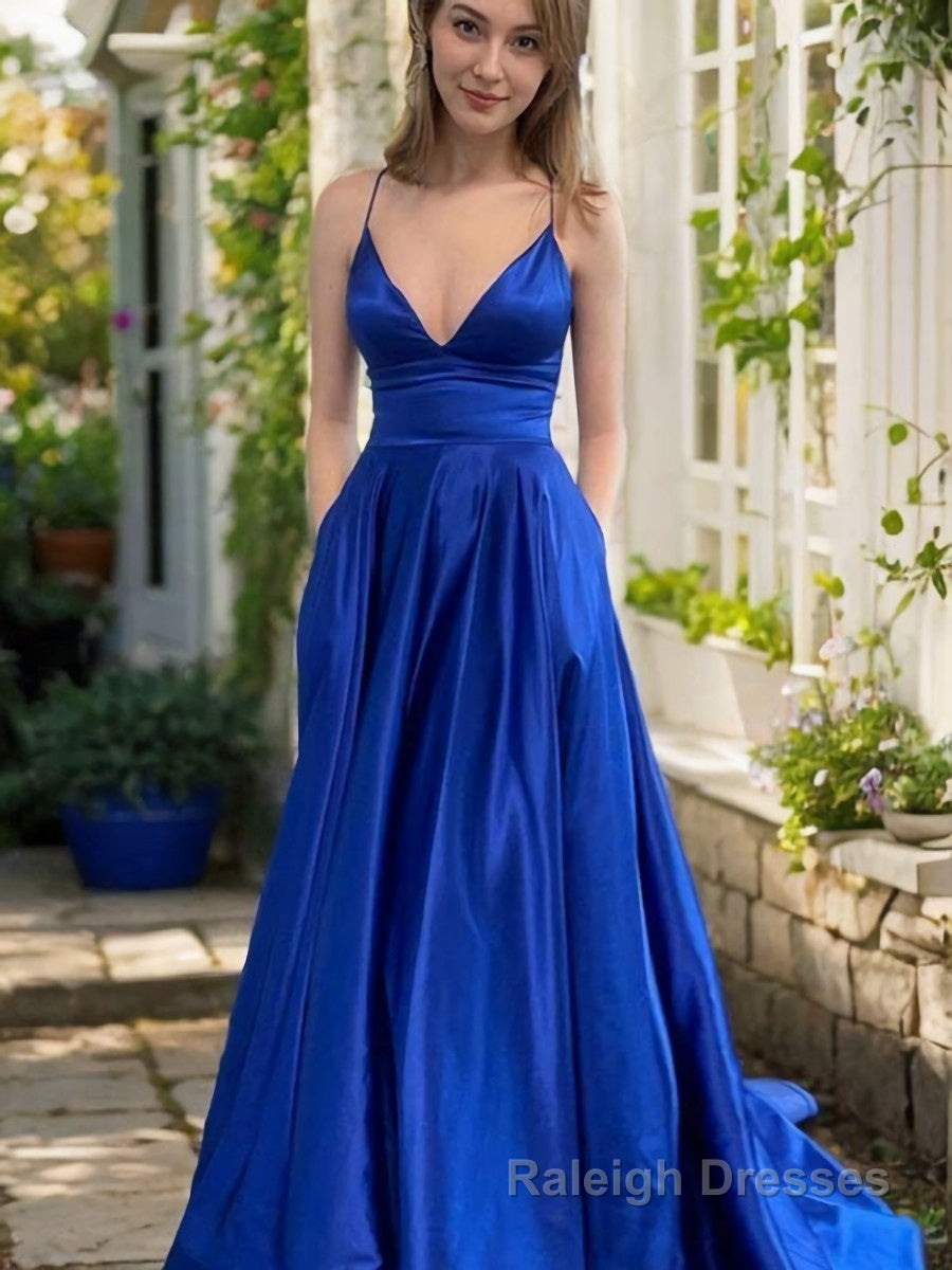 A-Line/Princess V-neck Sweep Train Satin Prom Dresses With Pockets Secondary image