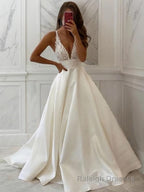 A Line V Neck Sweep Train Satin Wedding Dresses
