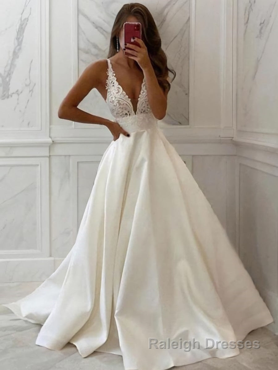 A Line V Neck Sweep Train Satin Wedding Dresses