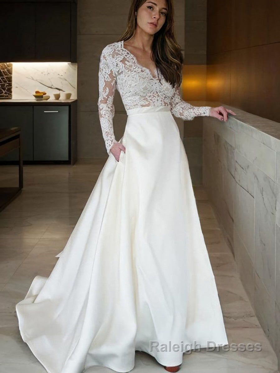 A Line V Neck Sweep Train Satin Wedding Dresses With Appliques Lace Main image