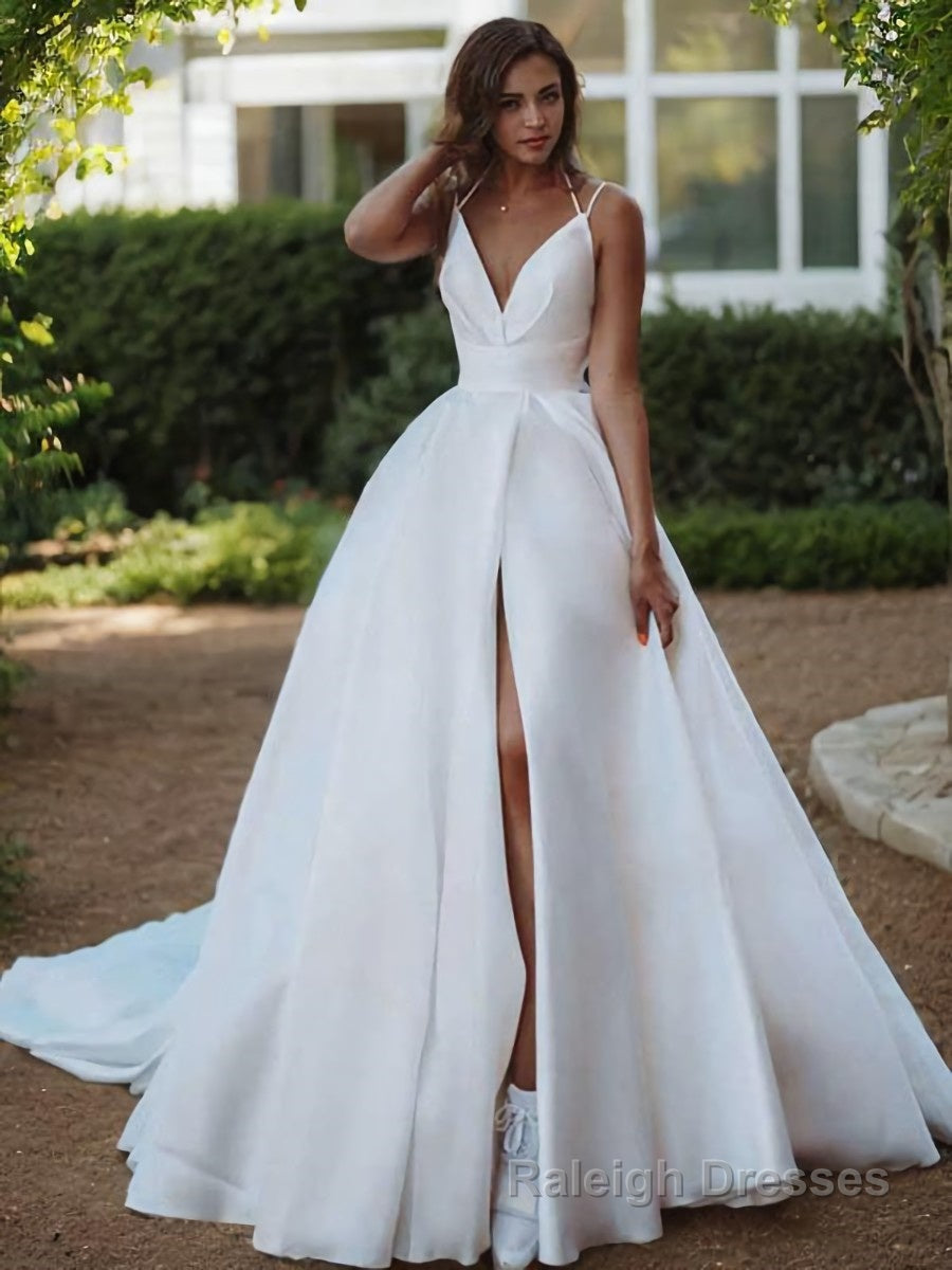 V Neck Sweep Train Satin Wedding Dress Split Front